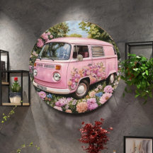 Pink Bus Beach Wall Art, Retro Van Print Californa