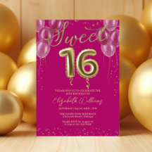 Hot Pink Gold Foil Sweet 16 Bday Balloons Party