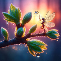 Magical Dawn Fairy on Dew-Kissed Spring Branch