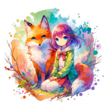 Pretty Watercolor Anime Girl and Fox