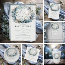 Oh Boy Bunny Rabbit Blue Floral Wreath Baby Shower