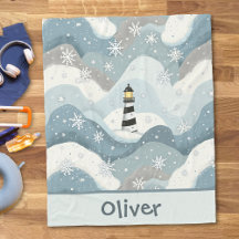 Lighthouse and Icy Waves Winter Nautical Monogram
