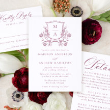 Elegant Floral Crest Monogram Letterpress Wedding