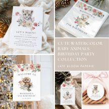Cute Watercolor Baby Animals Winter Birthday Party