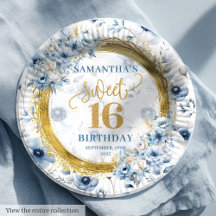 Dusty Blue Gold Sweet Sixteen Paper Plates 10-16