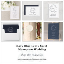 Navy Blue Leafy Crest Monogram Wedding