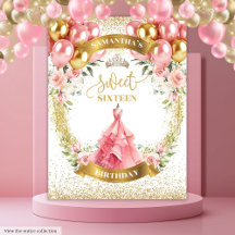 Pink Dress Gold Tiara Sweet Sixteen Backdrop 09BD