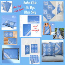 Boho Chic Tie Dye Blue and White Diamond Patterns