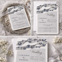 Elegant Navy Blue Pearl Watercolor Modern Wedding