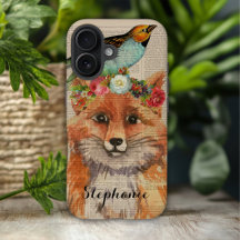 Watercolor Fox Floral Collage Personalized Name