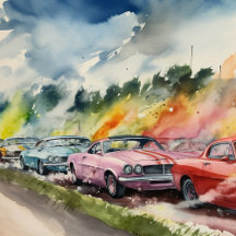 Retro Drag Racing Watercolor Art Print