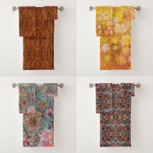 Bath Towel Sets In Botanical Floral Plant Designs 