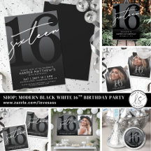 Modern Black And White 16th Birthday Party