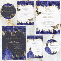 Royal Blue Gold Floral Quinceanera Sweet 16 Set