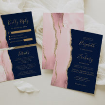 Blush Pink Gold Agate Navy Blue Wedding Suite