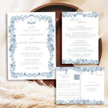 Dusty Blue Toile Chinoiserie Floral Frame Wedding