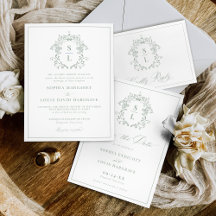 Sage Green Elegant Baroque Crest Monogram Wedding