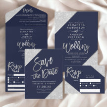 Silver Glitter Typography Navy Blue Wedding suite
