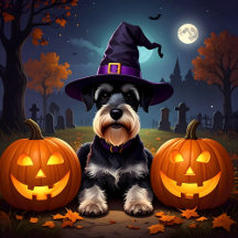 Schnauzer In Witch's Hat & Halloween Pumpkins