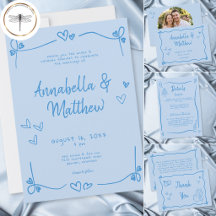 Blue Hand Drawn Heart Whimsical Modern Wedding