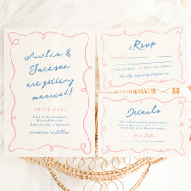 Whimsical Hand Drawn Blue & Pink Wedding Suite