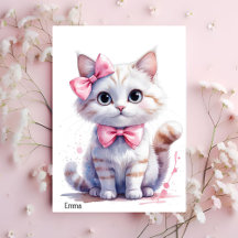 Cute cat with bow happy birthday invitation