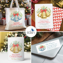 Three bells and red bow and foilage watercolor 