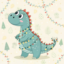Cute Dinosaur Christmas Lights Kids Wrapping Paper