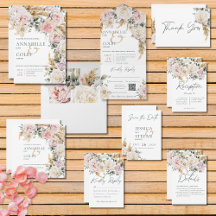 Boho Pampas & Pink Roses White Wedding Suite Cards