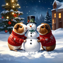 Guinea Pigs In Christmas Sweaters Building Snowman