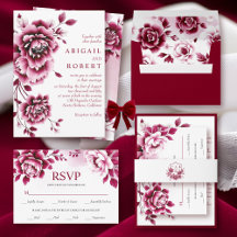 Burgundy floral Chinese style wedding invitations 
