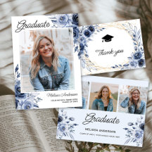 Watercolor Navy Blue Flowers Graduation Party