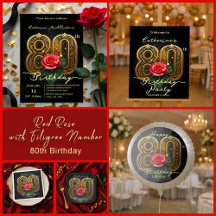 Red Rose with Filigree Number 80th Birthday