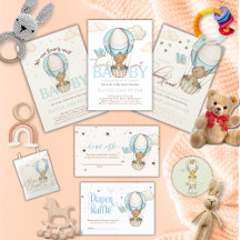 Whimsical Teddy Bear Air Balloon Boy Baby Shower