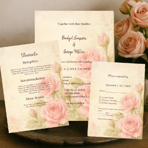 Convite Rosa Romântico Casamento vintage Floral Blush