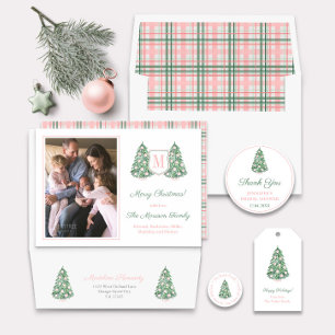 Cartão De Festividades Monograma verde cor-de-rosa feliz Foto de Natal
