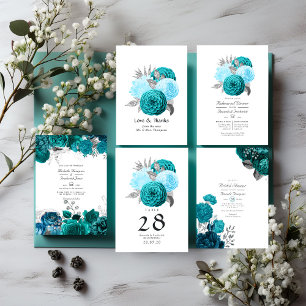 Convite Código QR de Casamento Floral de Teal e Prata Rsvp