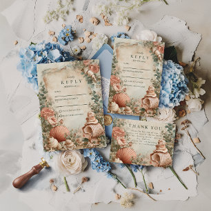 Cartão RSVP Elegância Botânica de Conchas Marinhas Costeiras