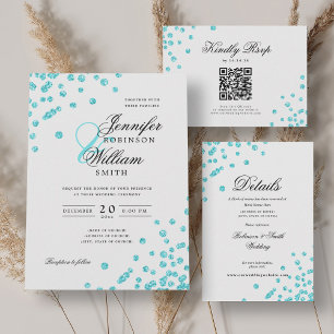 Convite Turquoise Confetti QR RSVP de Casamento de Script 