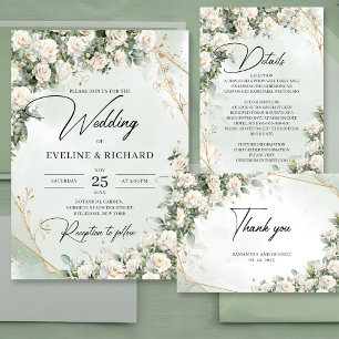 Cartão De Agradecimento Rosas brancas boêmicas, de eucalipto, verde e dour