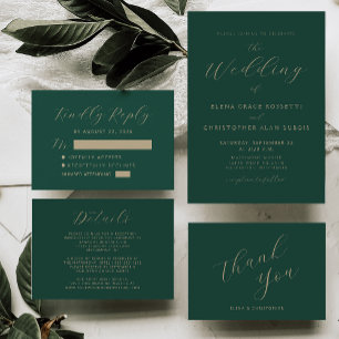 Cartão De Informações Casamento Dourado de Script Emerald Green