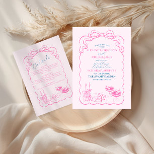 Convite Funky Retro Hand desenhou Casamento de Champanhe