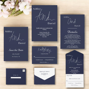 Convite Casamento Simples Branco Branco Azul Marinho Elega