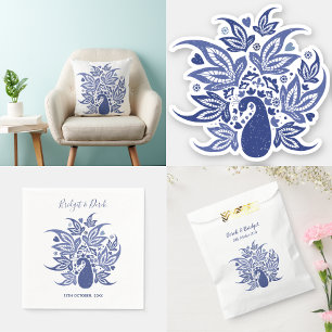 Cartão Postal De Convite Pavão Elegante de Casamento Azul e Branco Personal