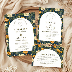 Cartão RSVP Arco Floral Azul Marinho Elegante Casamento