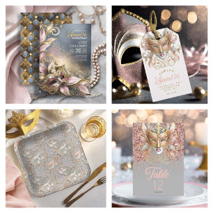 Convite Doce 16 Mascarada com Rosa Dourado ID1032