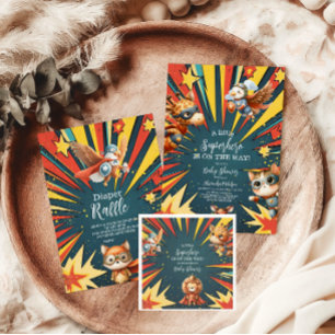 Convite Chá de fraldas de Super-Herói de Animais Divertido