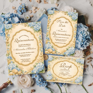 Cartão RSVP Quinceañera Vintage Costeira de Hydrangea