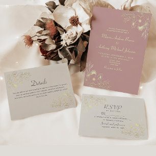Convite Casamento Neutro Floral Rosa Poeira
