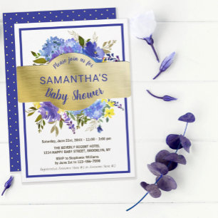 Convite Chá de fraldas de Banner Dourado Floral Roxo Elega